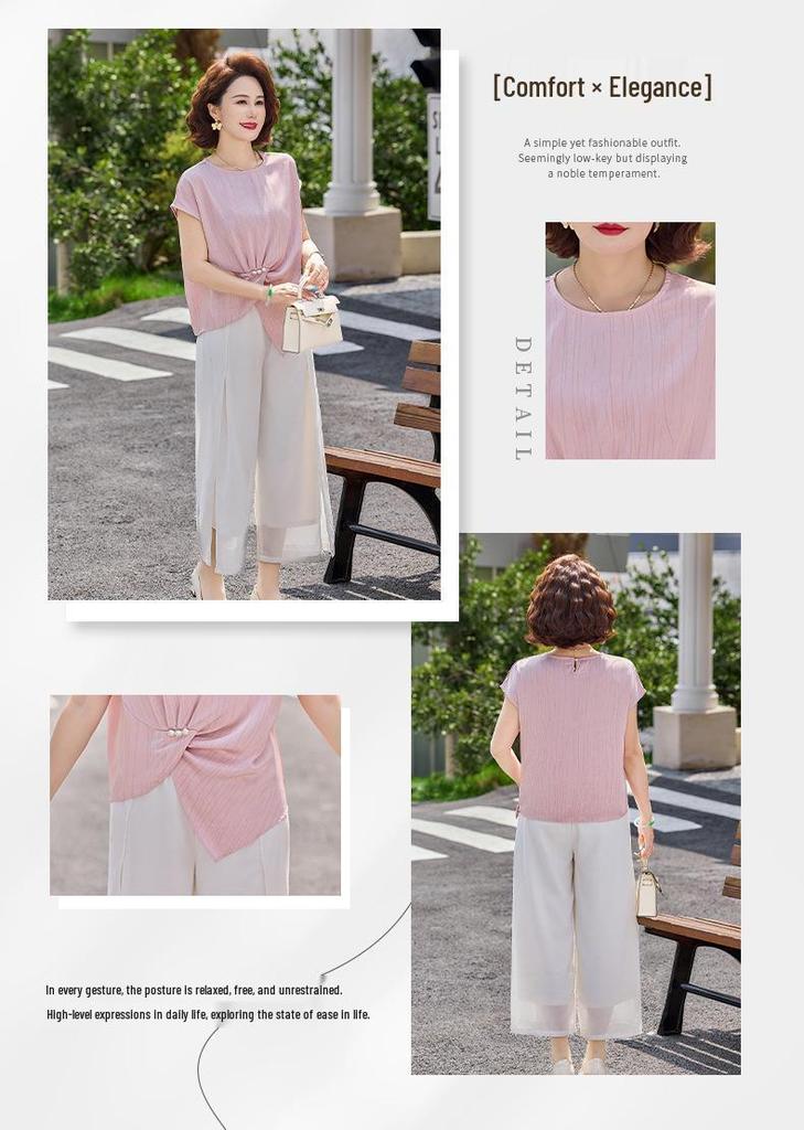 Mom's Summer Short-Sleeve Blouse: Elegant 2026 Two-Piece Set for Middle-Aged & Elderly.