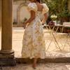 Summer hot-selling square-necked bubble-sleeved printed long dress, big swing, waist and thin dating dress