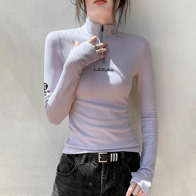 Women's Long-Sleeve T-Shirt Fall Sexy Slim Fit Stand Collar Zipper Double-Sided Fleece Base Shirt