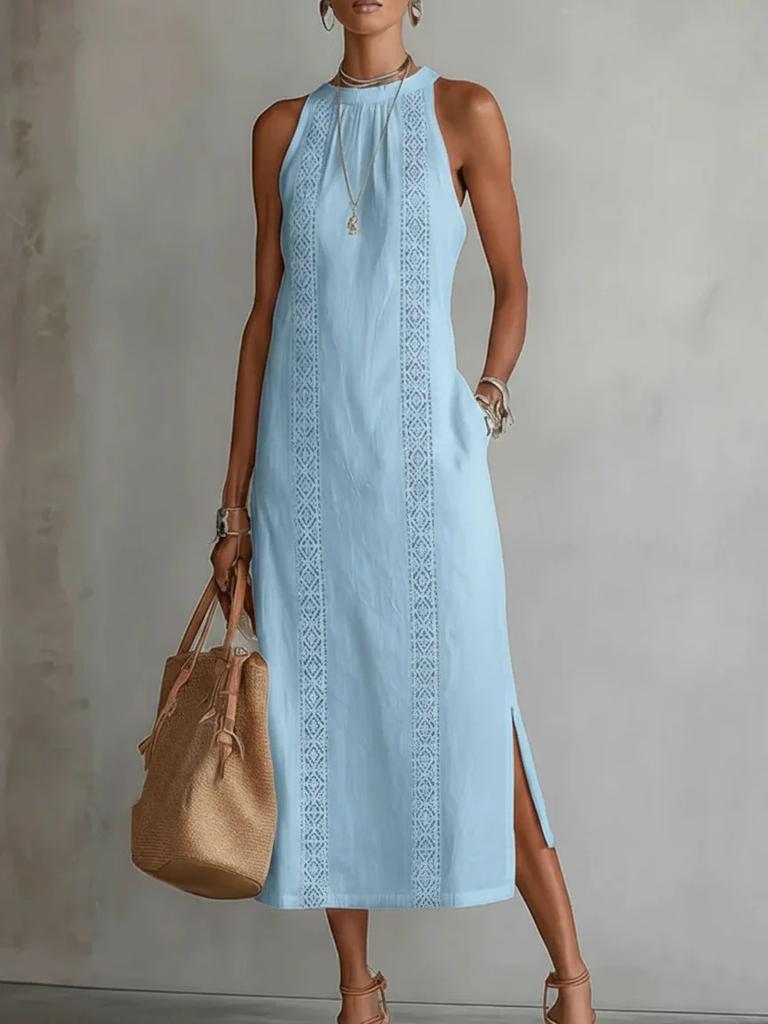 Elegant White Sleeveless Maxi Dress with Slit and Lace Detail