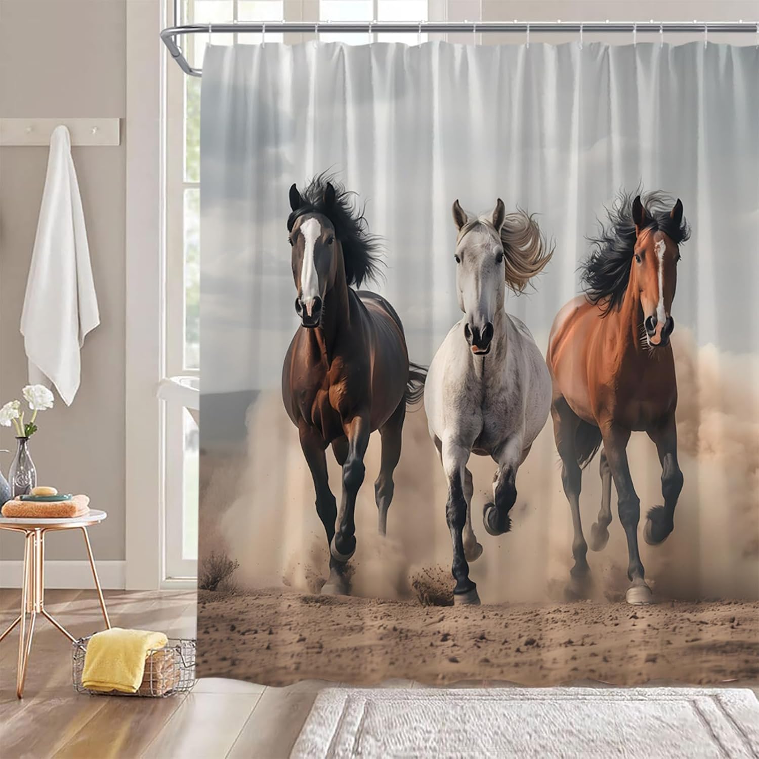 Textile Article Light Horse Shower Curtain Farm Animal Southwest Equine Galloping Running Horses Field Desert Bathroom Decor Curtain With Hooks