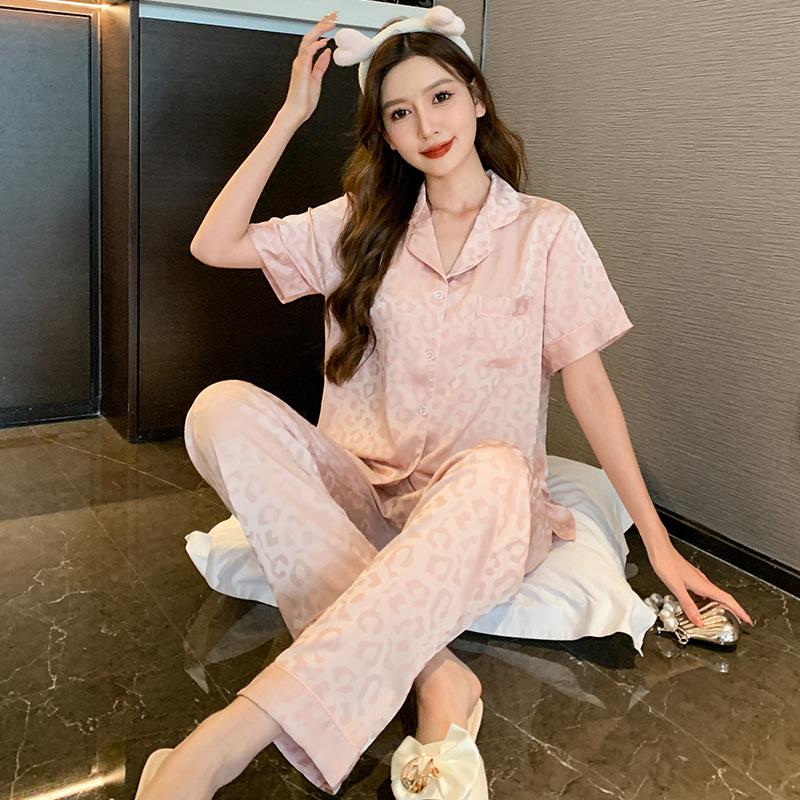 Damen Frühling Sommer 3-teiliges Kurzarm Loungewear Eisseide Pyjama Set Damen High-End Jacquard Homewear