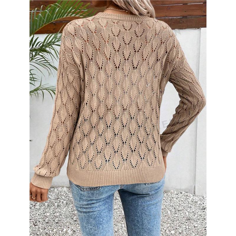 Women's Hollow Knitted Irt Thin Bat Sve Loose Fit Long Sve Round Simple Spring Faion Casual Wear