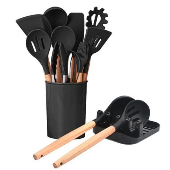Hiino Kano kitchen tool set cooking utensils 13 pieces 14 heat-resistant silicone wooden handle gentle on pots dishwasher safe spatula ladle