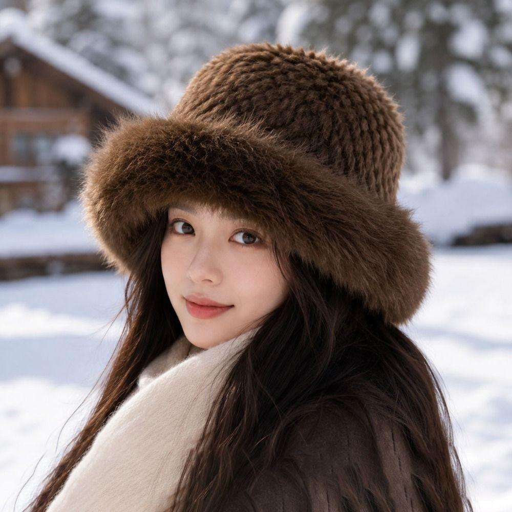 Brimless Fluffy Fur Hat Warm Plush Bucket Hat Fashion Panama Cap Women
