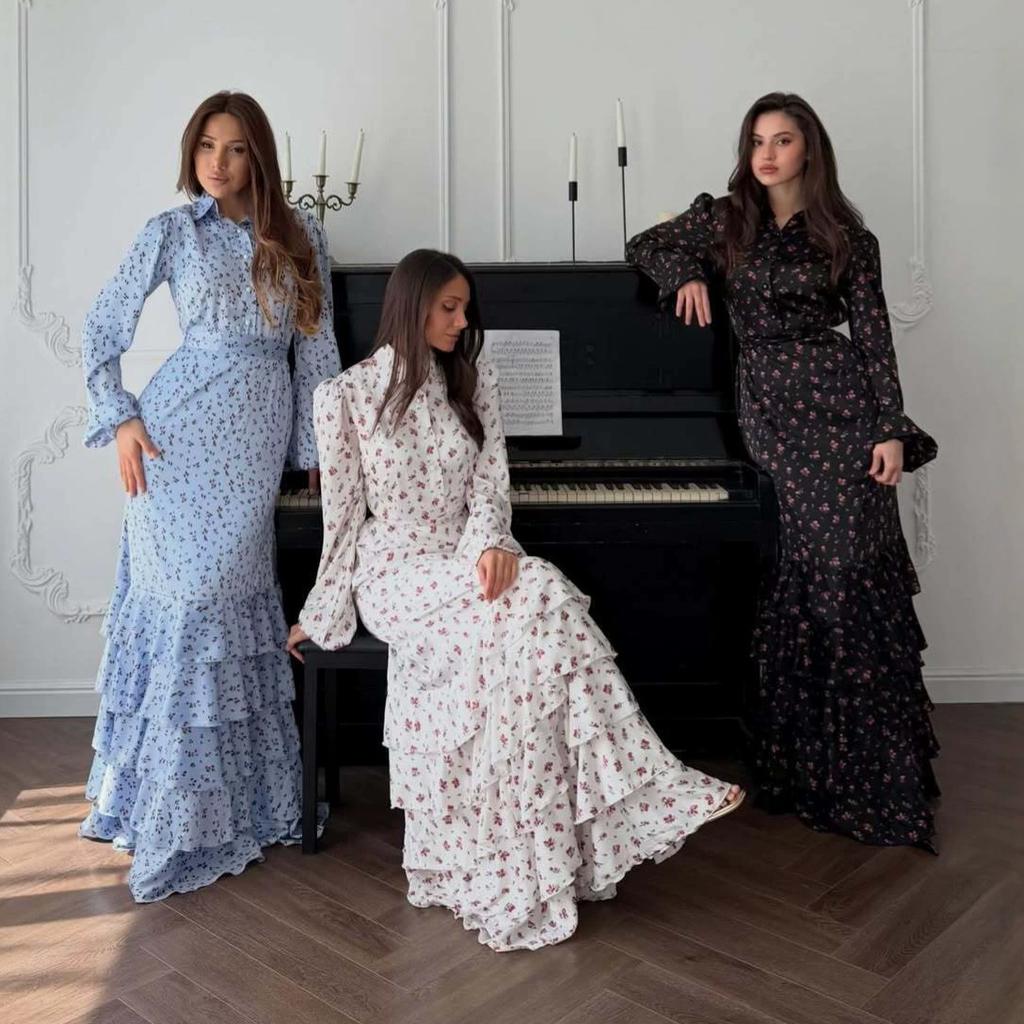 European and American women's cross-border foreign trade 2026 autumn new shirt collar waist long skirt long sleeve floral cake dress dress