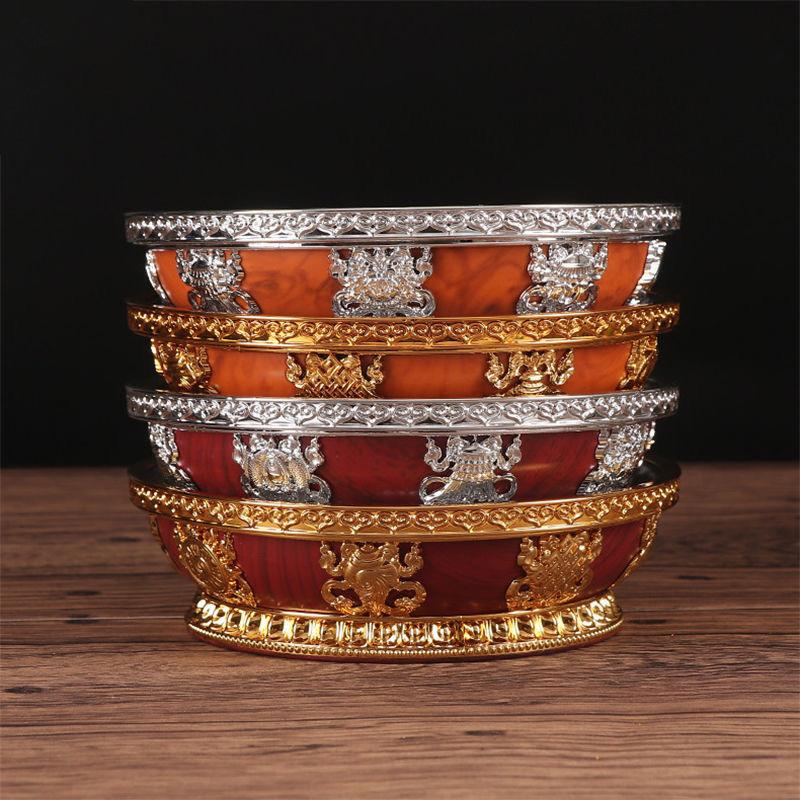 Buddhism Stainless Steel Resin Fruit Dish Auspicious Tibetan Sculpture Tribute Plate Buddhist Tray Desktop Home Gift Decorative
