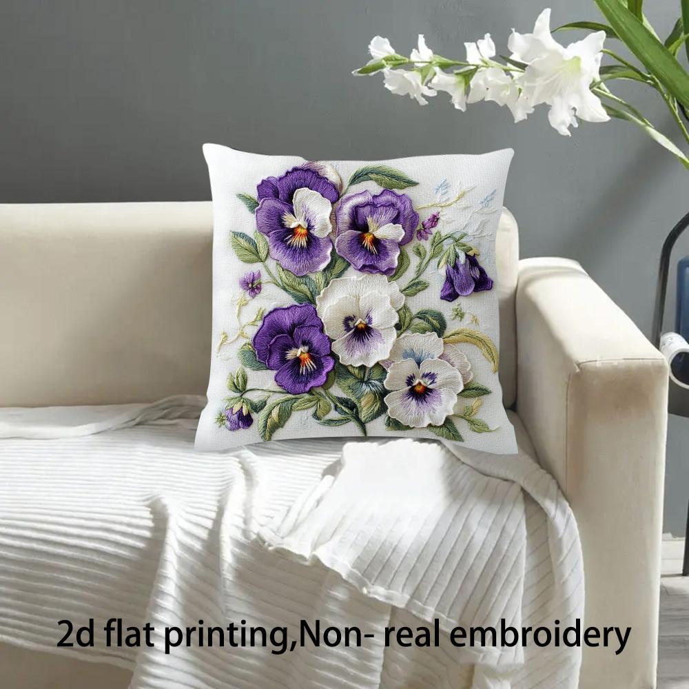Purple Pansy Floral Pillow Cover 2D Faux Embroidery Print Vintage Botanical Flower Cushion Case For Sofa Bed Couch Elegant Home