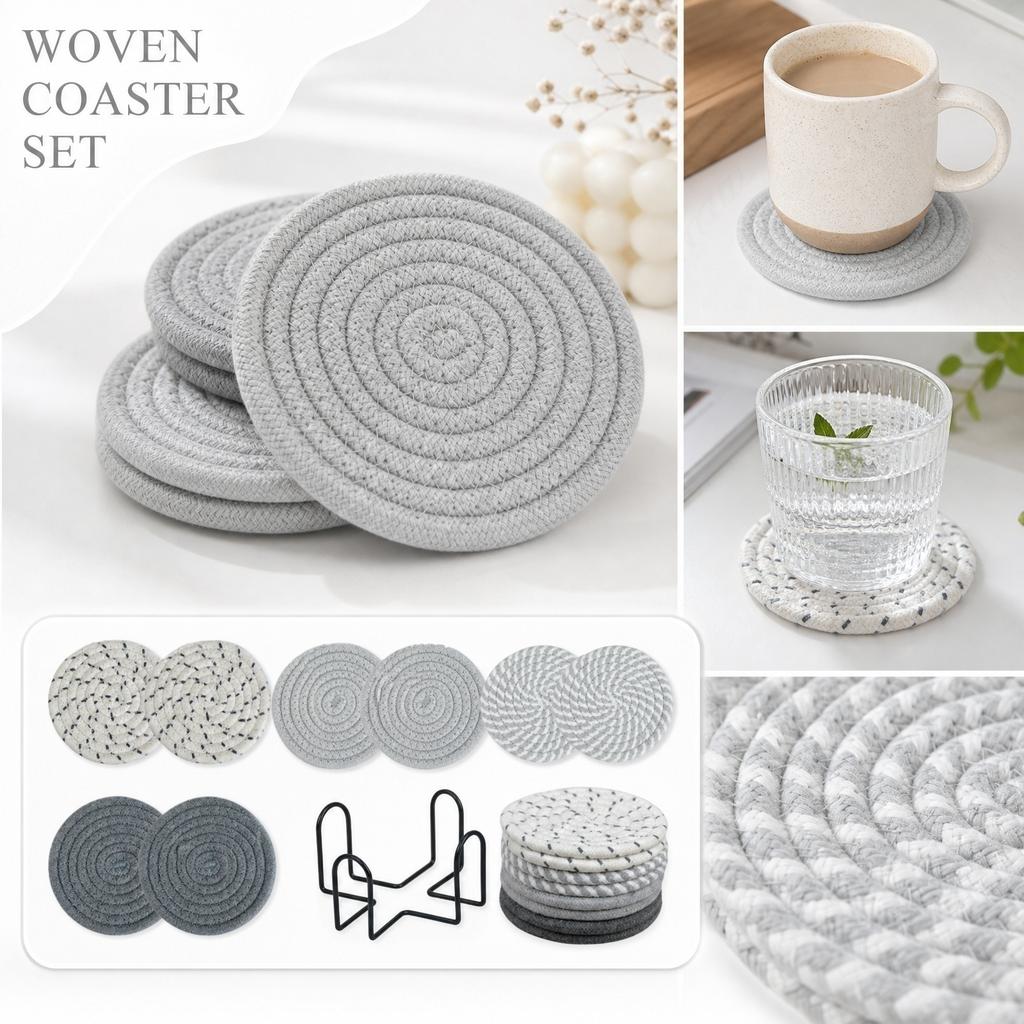 8 Piece Braided Cotton Coaster Set for Home Office Tabletop Protection Absorbent Round Coasters for Drinks Mugs Cups