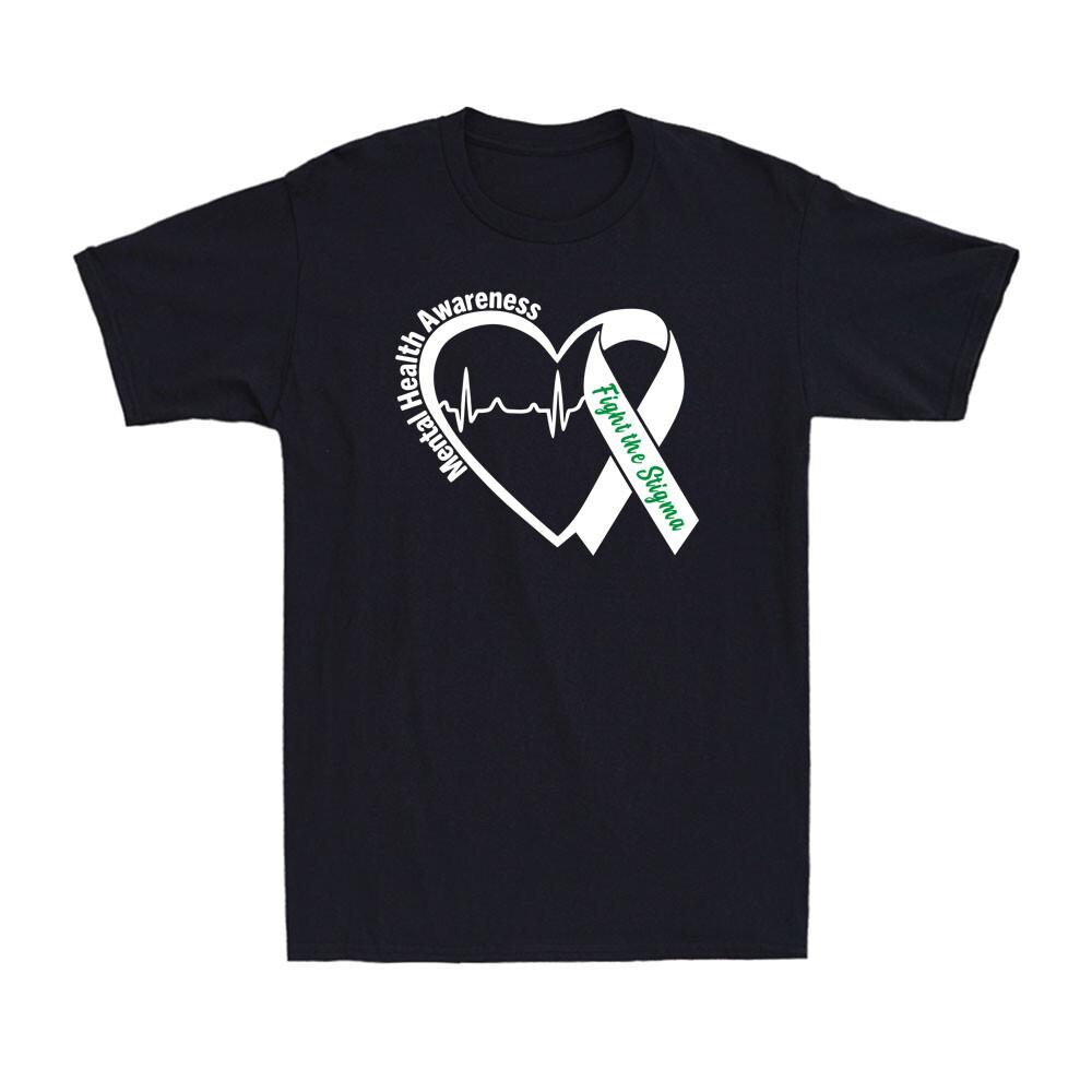 Mental Health Awareness Heart Fight The Stigma Green Ribbon T-Shirt L