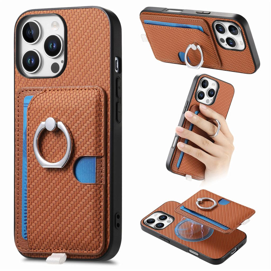 For iPhone 16 Pro Case Ring Kickstand Leather Back Cover with Magnetic Detachable Card Holder
