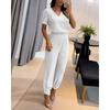 YYFS Women's Fashion Casual Summer Spring Colour Block Print Short Sleeve V-Neck Trousers Pants Suits