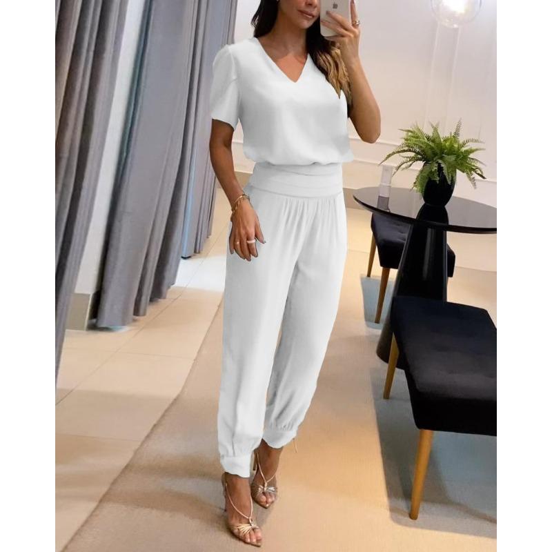 YYFS Women's Fashion Casual Summer Spring Colour Block Print Short Sleeve V-Neck Trousers Pants Suits