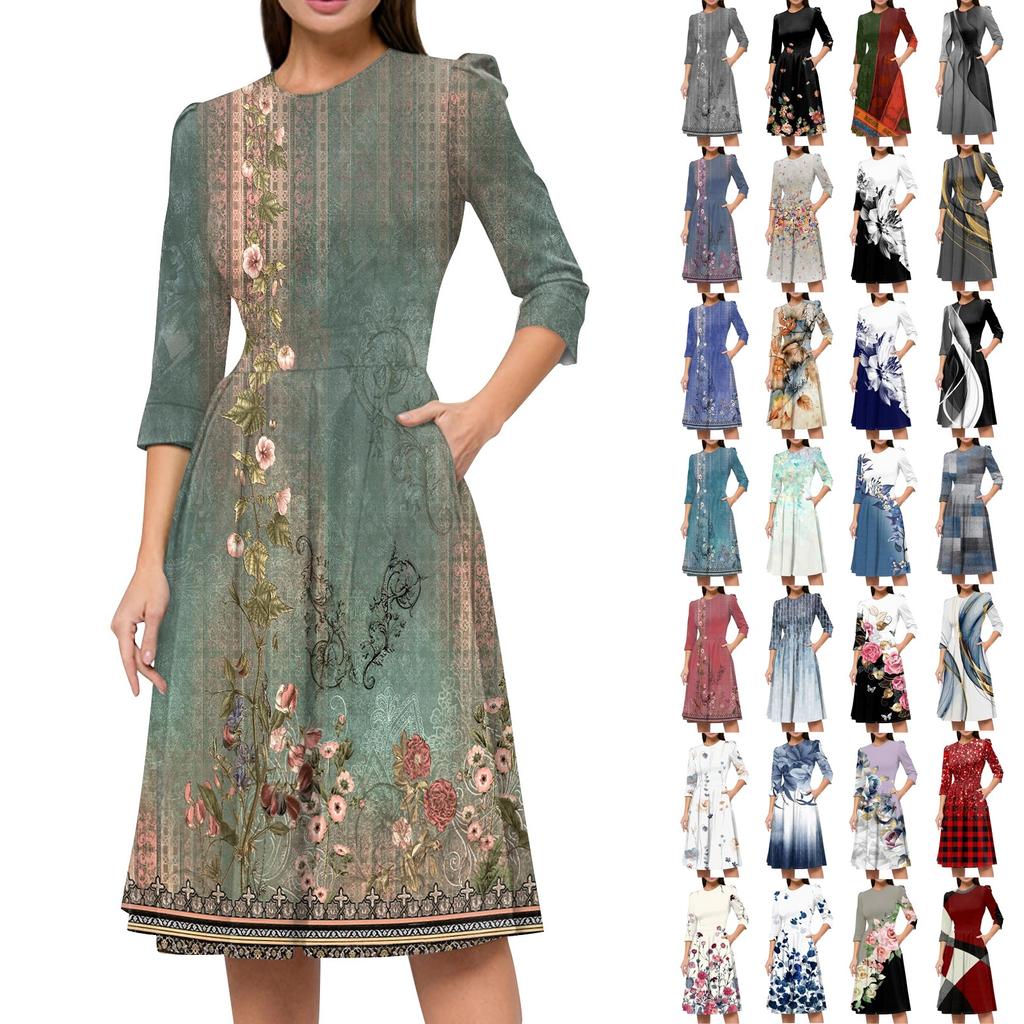 Women's Casual And Fashionable 3/4 Sleeve Pocket With Back Zipper Dress