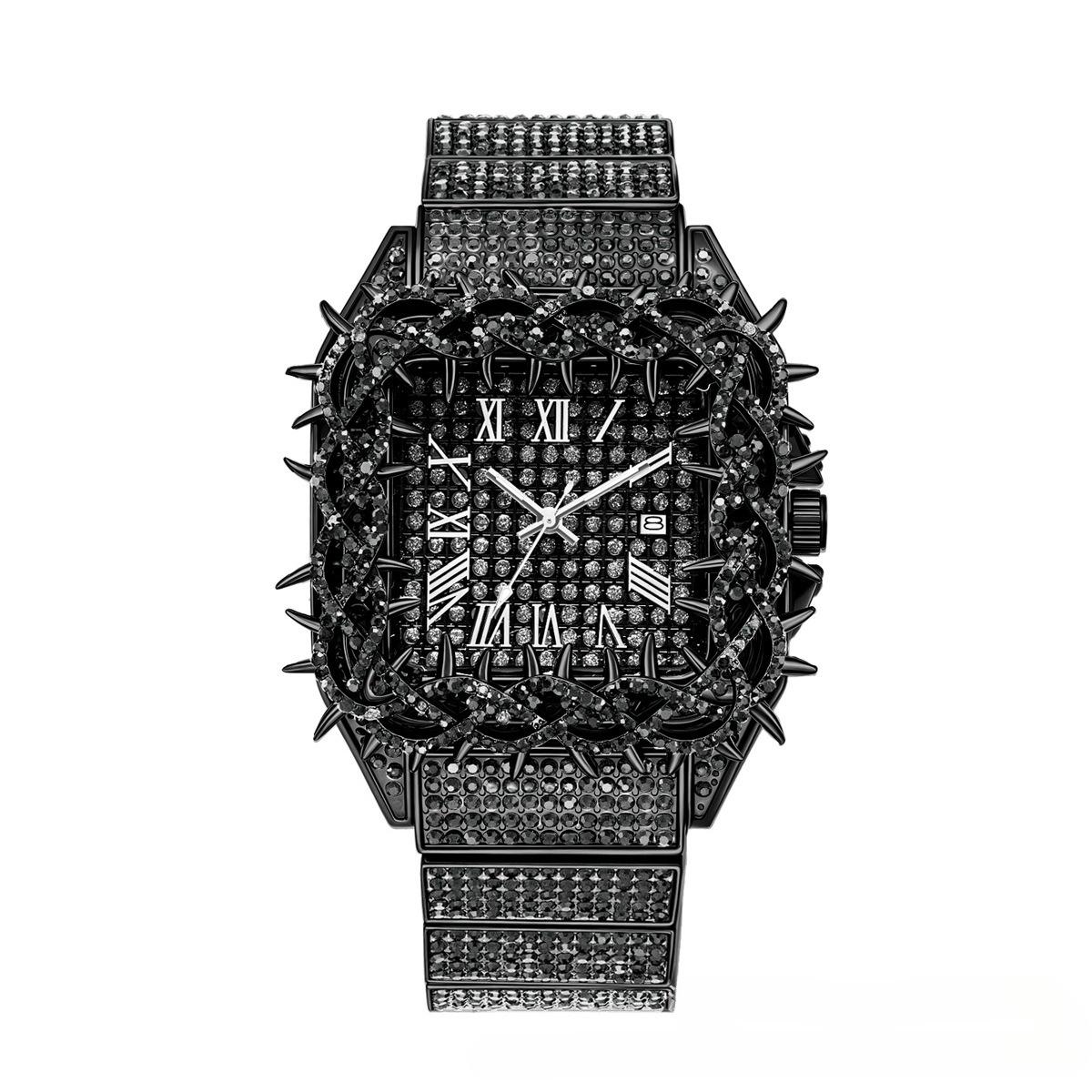 

Hip Hop Rhinestone Thorn Quartz Watch Emeralds for Men Waterproof Watch чорний