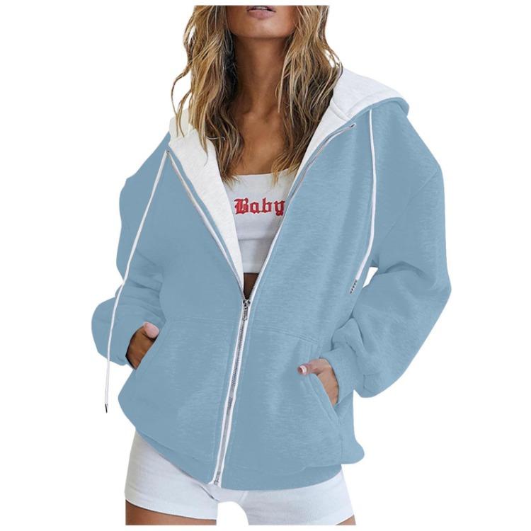 Fashion Hoodie Women Long Sleeve Zipper Hooded Pullover Casual Sweatshirt Solid Color Tops With Pockets