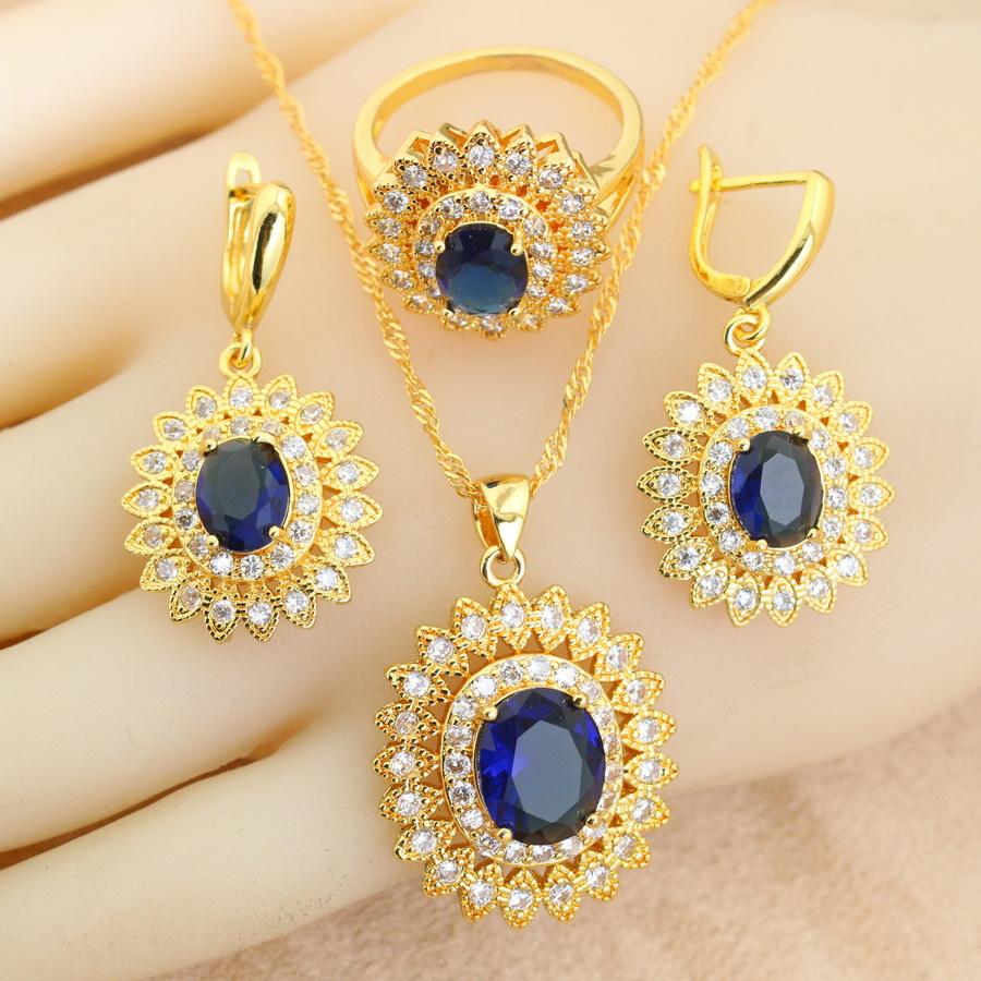 

Gold Plated Bridal Jewelry Sets Wedding Ring Costume Earrings Pendant Chain Necklace For Women Christmas Gift 7