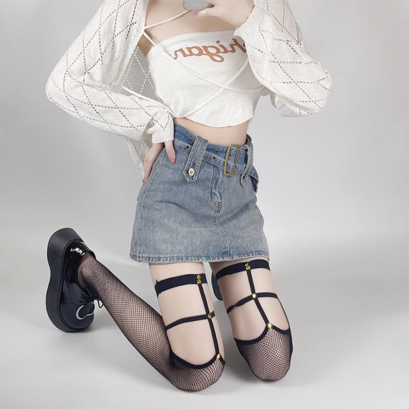 Ladies' Black Rivet Fishing Net Knee High Socks Hollow Socks Long Black Silk Suspender Sexy Silk Mesh Stockings