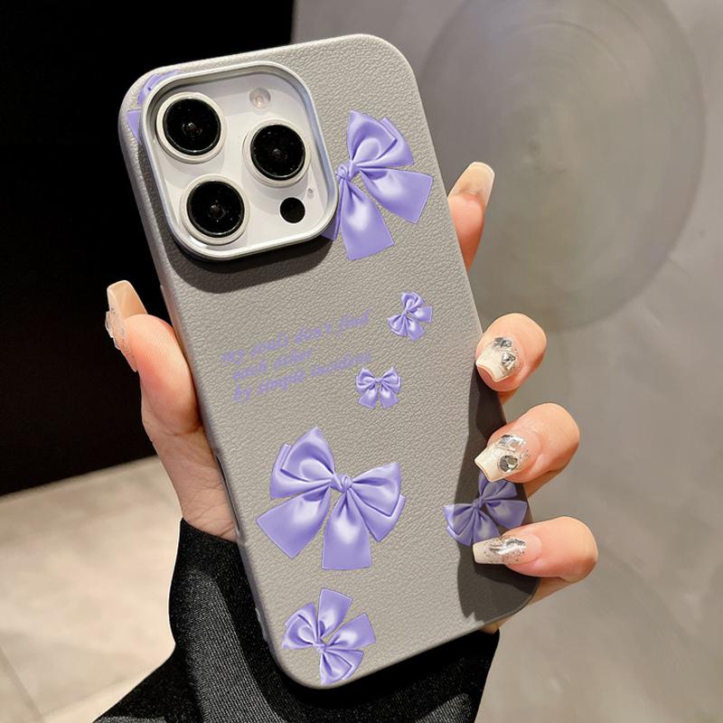 Purple Bowknot Print TPU Leather Texture Slim Magnetic Case For iPhone 16 Pro Max 15 14 Pro 13 12 11 for MagSafe Matte Shockproof Soft Phone Cover