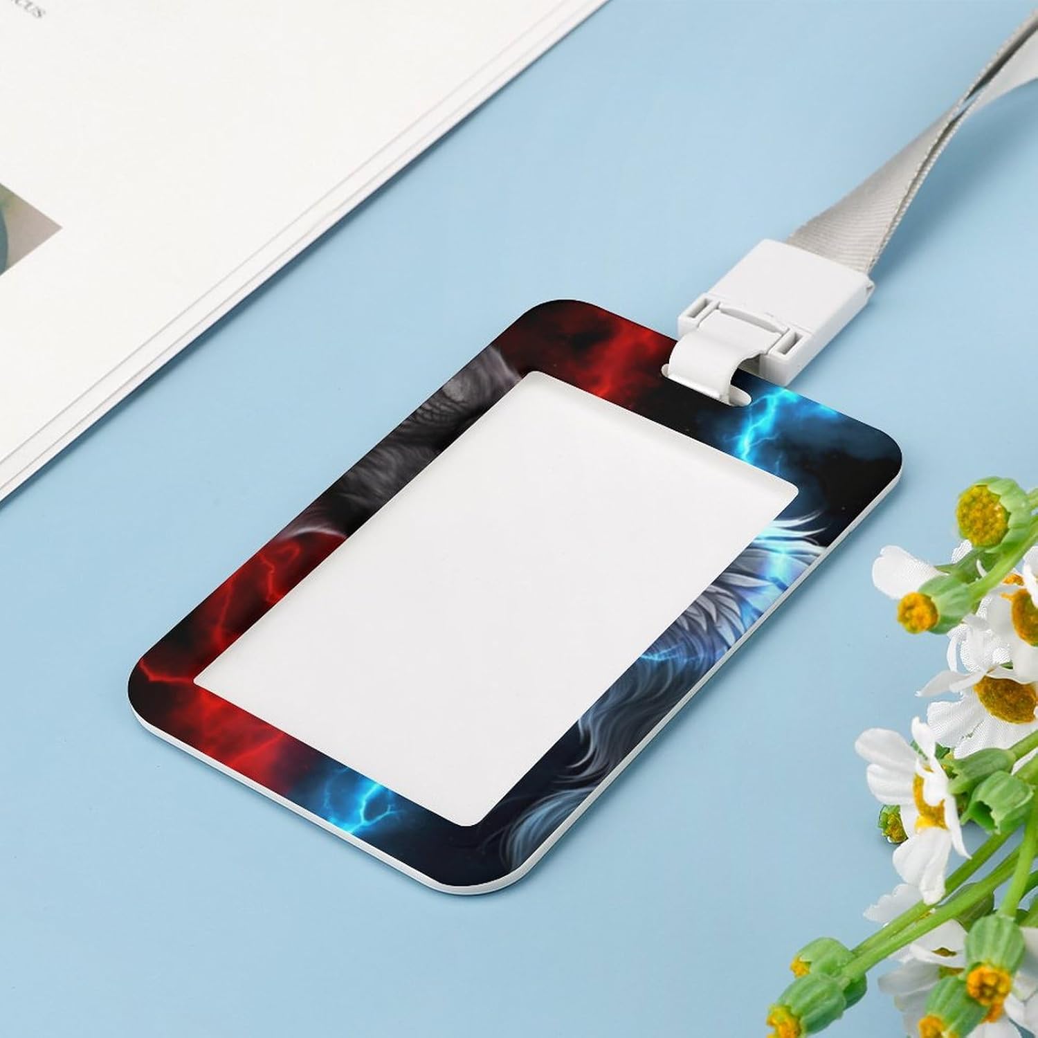 

Wolf Blue and Red Lanyard ID Badge Holder Case with 1 ID Window and Neck Strap for ID Driver Licence & Women Office