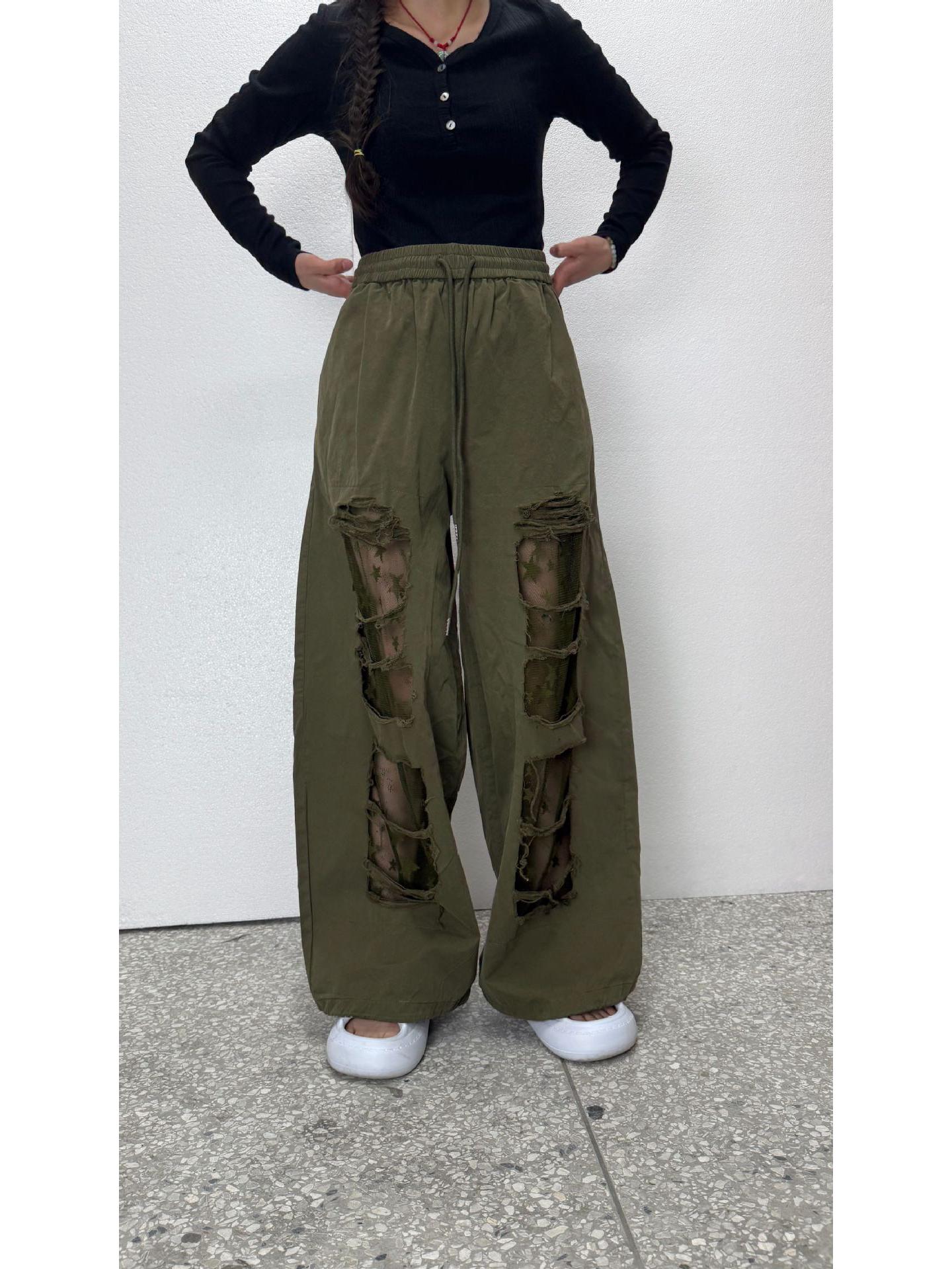 

2026 Summer Women s Street Style Ripped Dance Sports Pants with Drawstring Design - Wide Leg Casual Fit Large армия зеленый