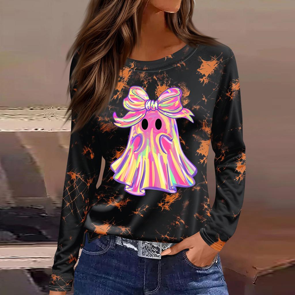Women's Fashion Long Sleeve Tunic Top with Halloween Print and Side Slits - Round Neck Blouse for Party