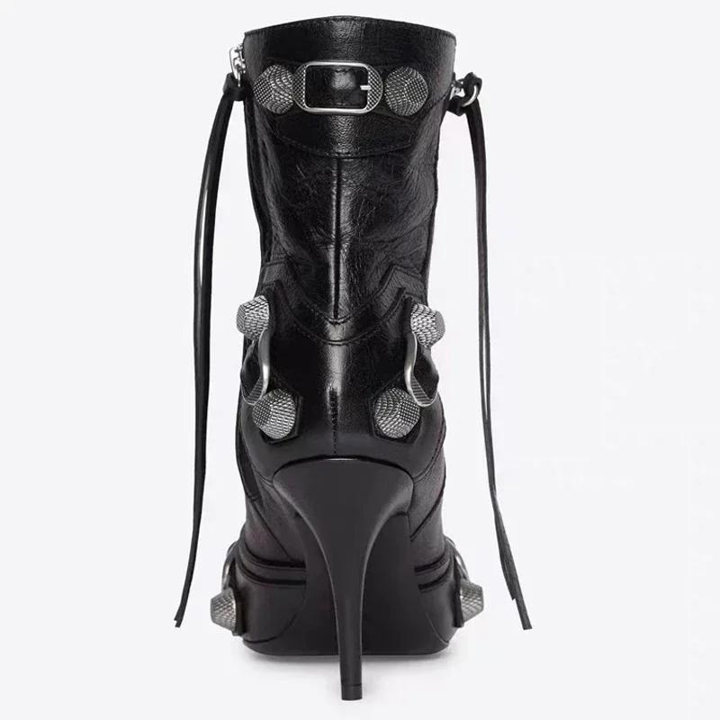 Fashion High Thin Heeled Ankle Boots for Women Metal Decor Rivet Fringed Zip Ppinted Toed Motorcycle Lady Booties Women Shoes