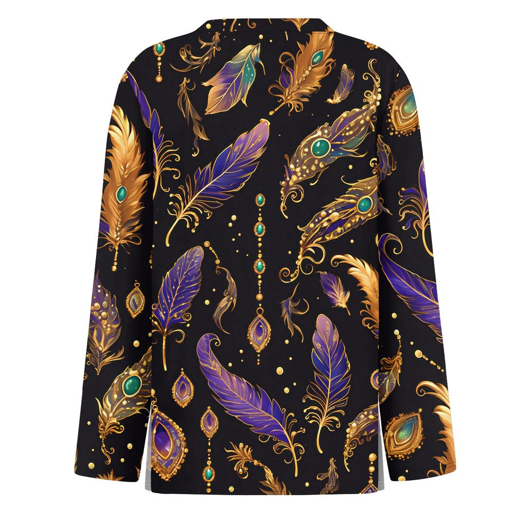 Damenmode Lässig Schlitzsaum Rundhals Langarm Locker Bedrucktes T-Shirt Top