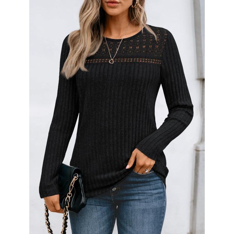 QICED Women's Fashion Casual Solid Color Print Long Sleeve O Neck Blouses & Shirts