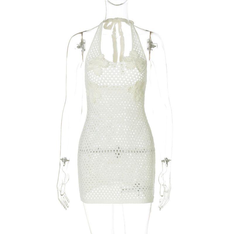 

Shemoda Fashion Vacation Style Knitting Hollow out Strap Halterneck Dress Female Outwear Open Back Short Hip Skirt Beige White S