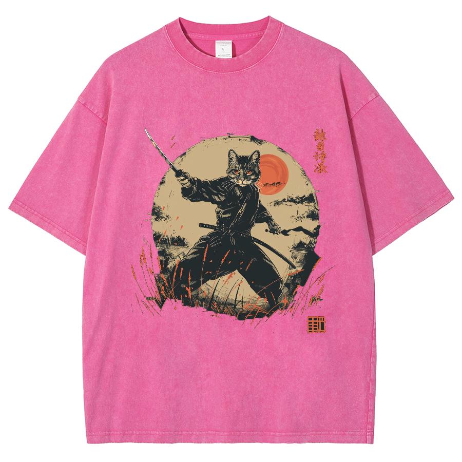 Japanese Women's T-shirt Summer Short Sleeve Washed Denim Stretch Fabric Samurai Cat Print Top Retro Wear Men