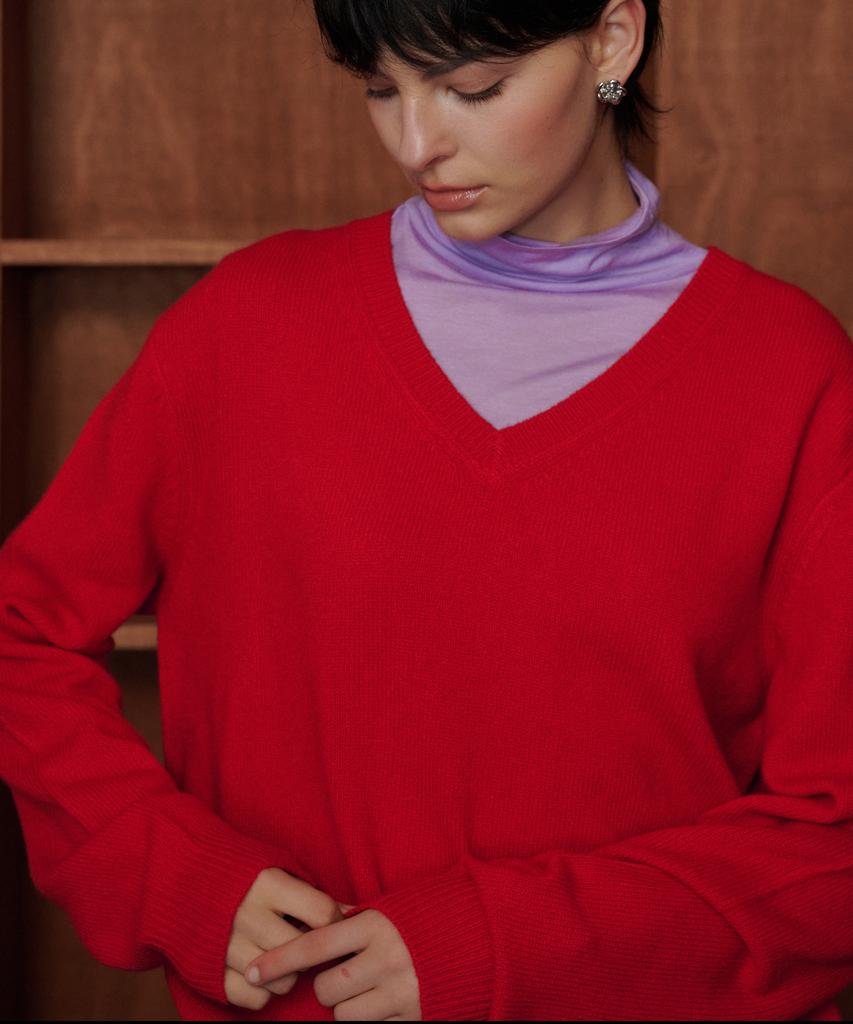 MELLY&ROSE Meli Pure Wool V-Neck Pullover (319230)_Red