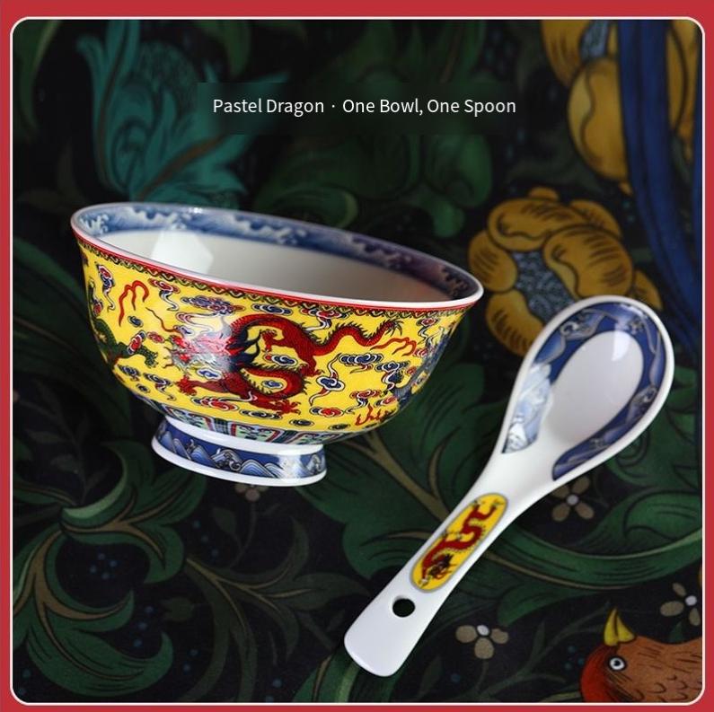 Chinese Style Enamel Color Ceramic Bowl Set, Luxury Gold Rim Porcelain Tableware for Home & Restaurant 7 Inch
