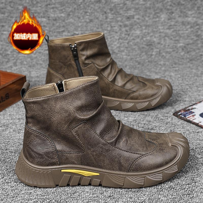 New Velvet Black Martin Boots Warm Boots Autumn and Winter Fashion Non-slip Versatile Trendy Men's Shoes Comfortable Trendy Leather Boots