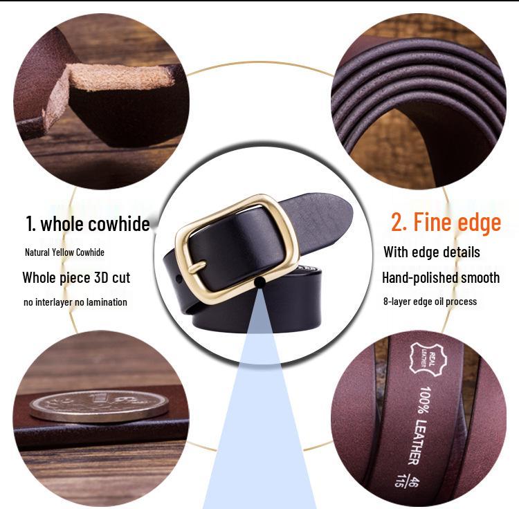 Men's Genuine Leather Pin Buckle Belt - Casual Pure Copper Cowhide Waist Accessory