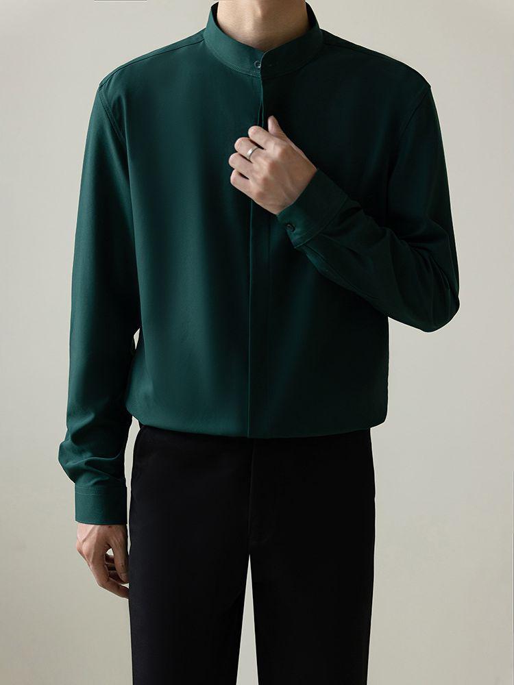 Herren Herbst Koreanischer Stil Slim Bügelfrei Eisseide Langarmhemd