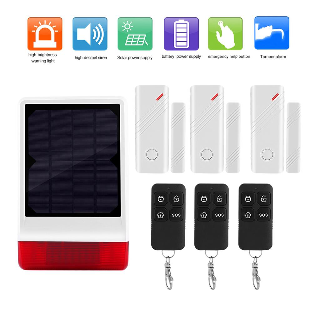 433MHZ Wireless Solar Siren Burglar Security Alarm System 3 Door Magnet 3 Remote Control