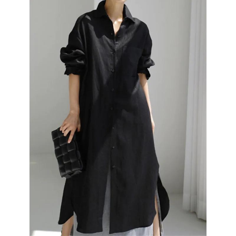Robe Chemise Longue Décontractée Irrégulière à Manches Longues de Couleur Unie pour Femme