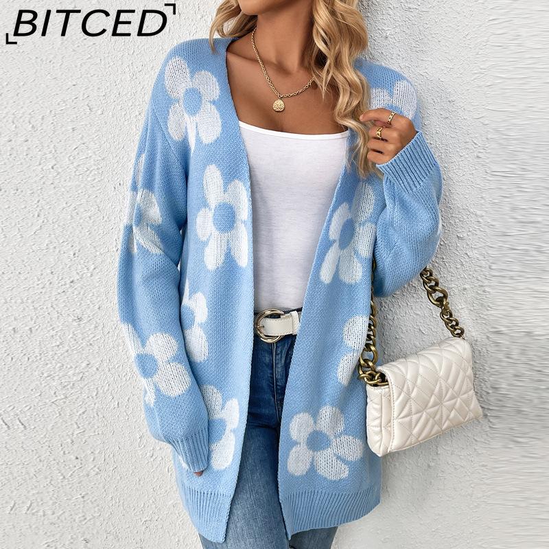 BITCED Autumn/Winter Mid-Length Cardigan for Women Loose-Fit Colour-Block Floral V-Neck Long-Sleeved Knitted Cardigan