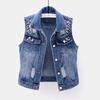 Denim Vest Women's Short Spring and Summer Washed Hole Beaded Sleeveless Jacket