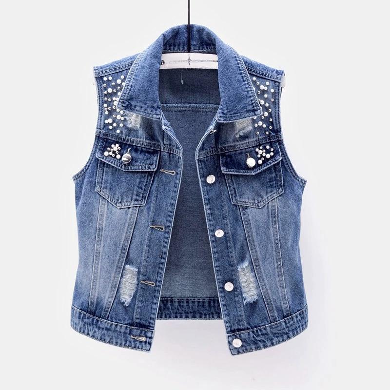 Denim Vest Women s Short Spring and Summer Washed Hole Beaded Sleeveless Jacket XS синий