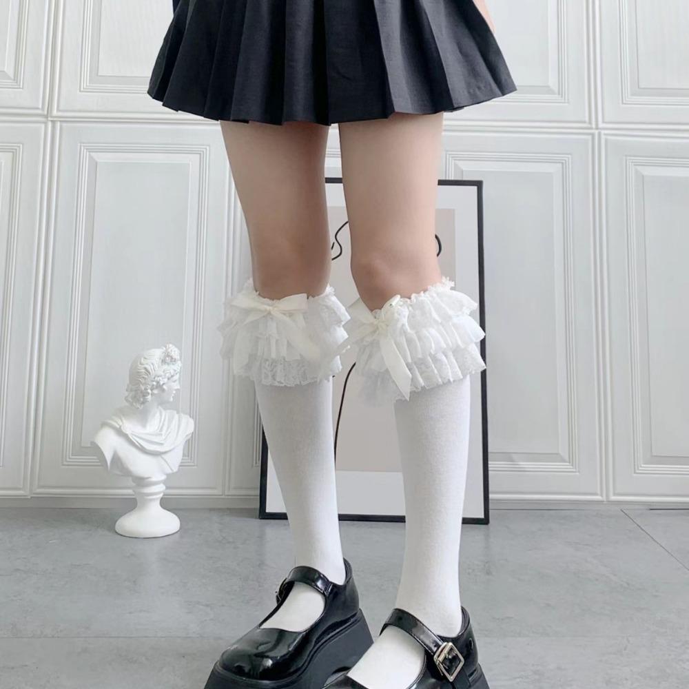 Lolita Oversized Lace Bow Mid Tube Socks Summer Sweet Lo Calf Socks Cotton Socks Lolita