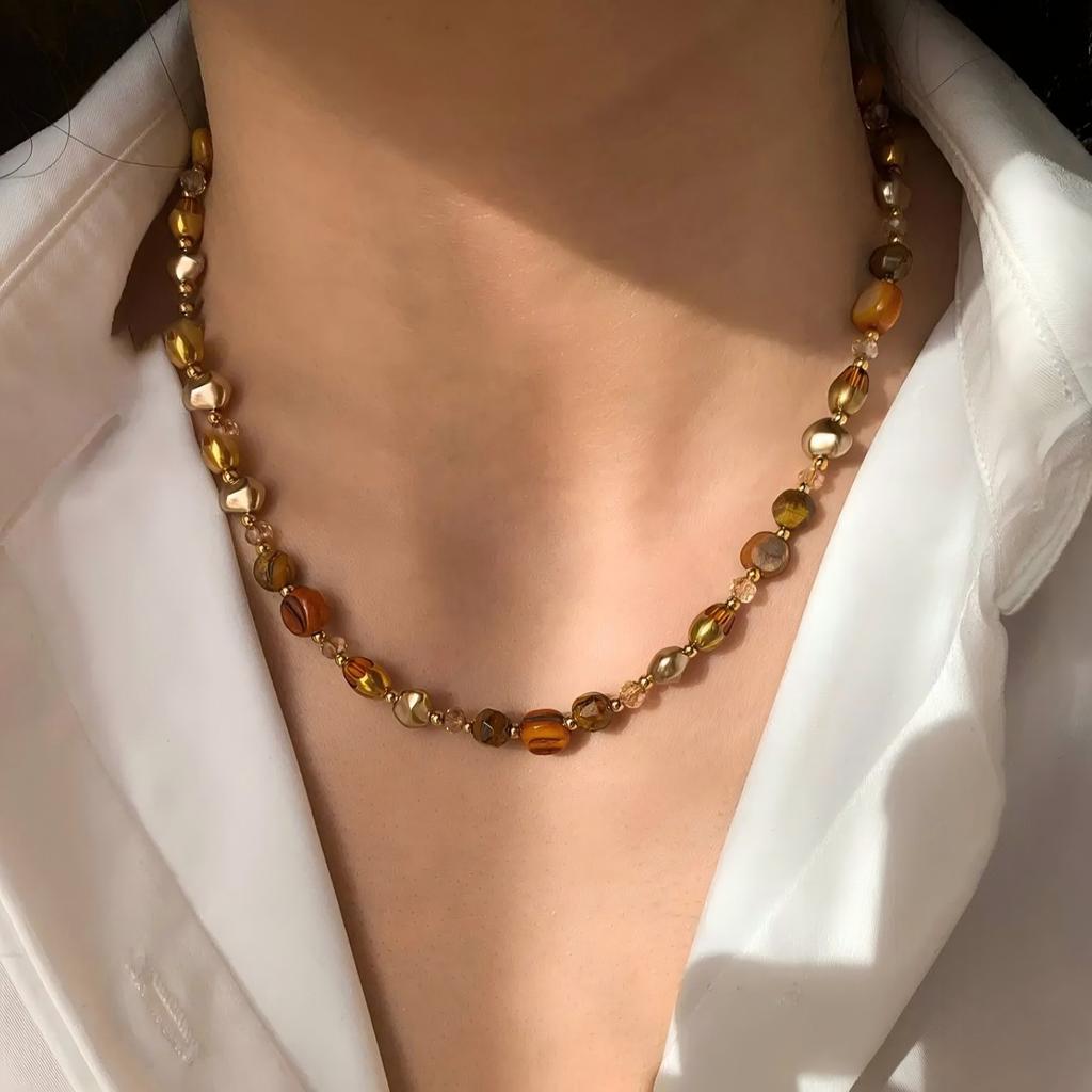 Maillard Wears Natural Tiger'S Eye Stone Baroque Stacked Necklace Women'S Accessories 2025 Collarbone Neck Chain