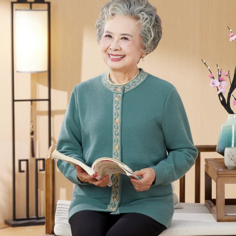 Middle-aged Elderly, Piled and Thickened Mother Large-size Knitted Autumn and Winter Cardigan, Old Lady, Grandma, Spring and Autumn Sweater Jacket