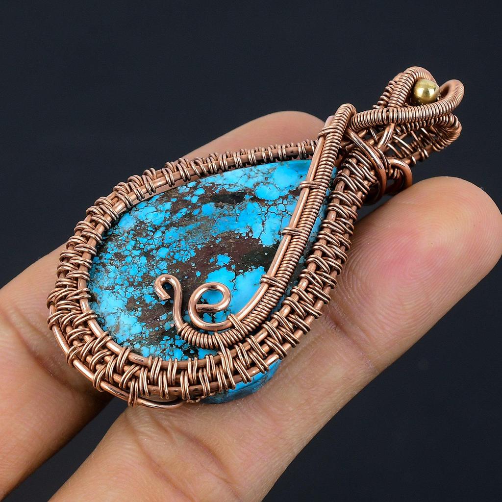 Tibetan Turquoise Pendant, 999 Copper Wire Wrapped Gemstone Jewelry, Handmade Pendant, For Thanksgiving