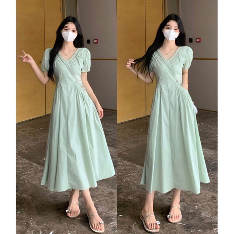 Plus Size Women s French Letter Print Waist-Cinching Short Sleeve Dress M [70-90 lbs]