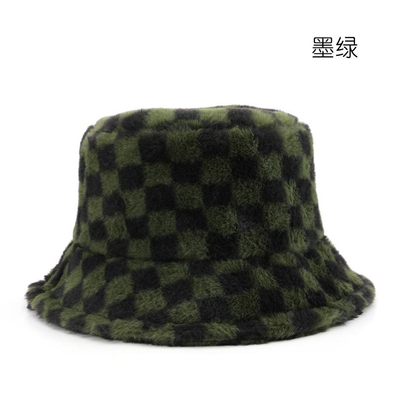 

Bucket hat autumn and winter plush plaid sun hat outdoor travel warm and cold sun protection sunshade basin hat темно-зелений колір