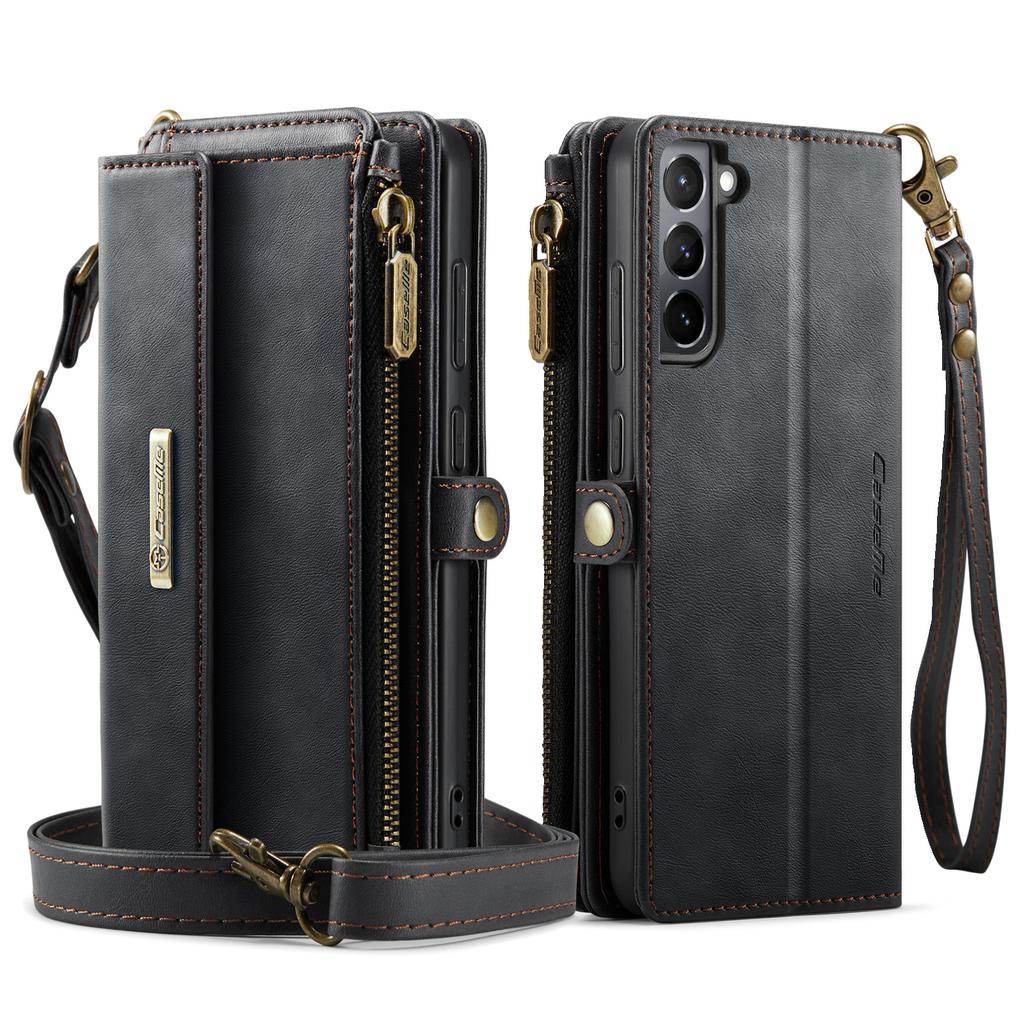 For Samsung Galaxy S21 4G/Galaxy S21 5G Case CASEME C39 RFID Blocking Zipper Wallet Stand Leather Cover with Strap