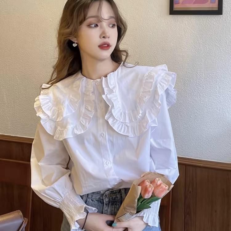 Vintage doll-collar shirt, ruffled shirt, women's new spring and autumn loose long-sleeve shirt, versatile top