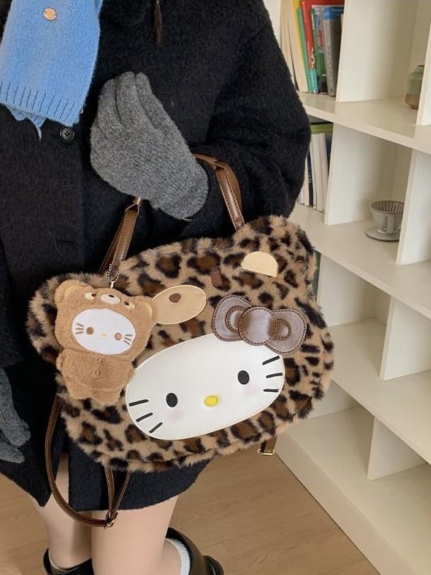 Hello Kitty Cartoon Plush Faux Leather Backpack For Daily Use And Storage